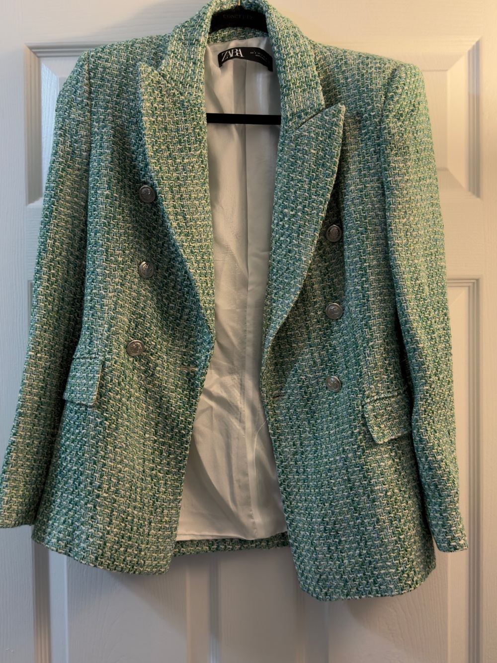 Zara Tweed Double-Breasted Blazer Green Blue Cream S